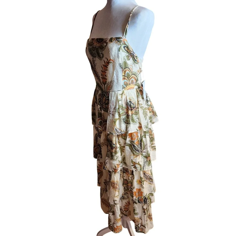 MSK Womens Floral Paisley Tiered Midi Dress Orange Green Smocked Back Large NWT